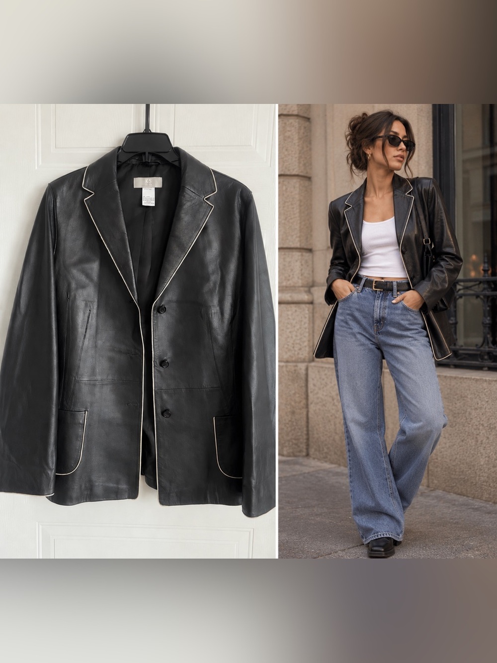 KS Selection Black Lamb Leather Blazer Contrast Piping Tailored 90s Preppy 10